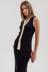 Black Knit Vest with Ivory Piping