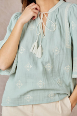 Mint Green with Detailed Cream Embroidery Tie Front Mid Sleeve Top
