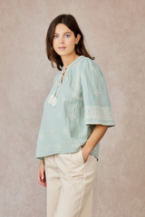 Mint Green with Detailed Cream Embroidery Tie Front Mid Sleeve Top