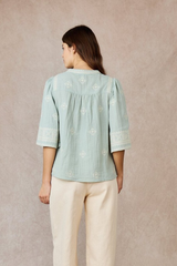 Mint Green with Detailed Cream Embroidery Tie Front Mid Sleeve Top