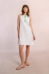 White with Green Embroidery Cotton Gauze Dress