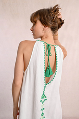White with Green Embroidery Cotton Gauze Dress