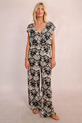 Black and Cream Short Sleeve V-Neck Wide Leg Jumpsuit
