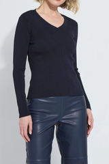 Navy Adverted V-Neck Ribbed Long Sleeve Knit Top