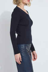 Navy Adverted V-Neck Ribbed Long Sleeve Knit Top