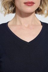 Navy Adverted V-Neck Ribbed Long Sleeve Knit Top