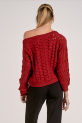 Red Off the Shoulder Long Sleeve Sweater