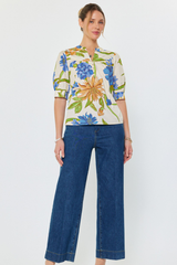 Floral Print Split Neck Button Front Short Sleeve Top