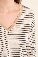 Off White and Navy V-Neck Sailor Long Sleeve Stripe Top