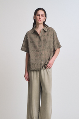Dusty Olive Seer Plaid Button Front Short Sleeve Top