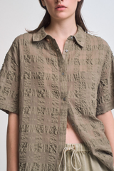 Dusty Olive Seer Plaid Button Front Short Sleeve Top