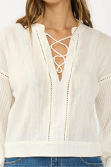 Off White Lace-Up Front Lace Trim Top