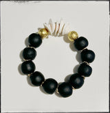 Natural Shell & Recycled Glass Bead Stretch Bracelet- Black: 6.5”