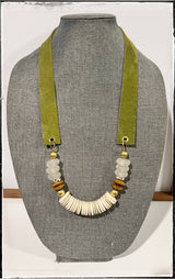 Suede Strap Necklace Bone Glass Beads Coconut Wood- Green