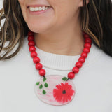 Red Flower Frosted Medallion Statement Necklace