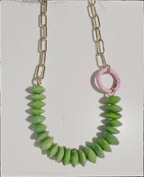 Paperclip Chain Necklace African Bone Bead Carabiner Green