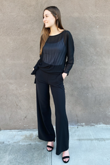 Black Pleated Long Sleeve Top
