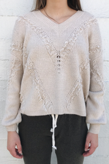V-Neck Fringe Trim Sweater