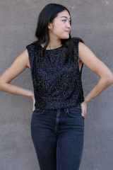 Black Sequined Padded Shoulder Top