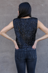 Black Sequined Padded Shoulder Top