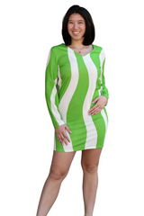 Lime Green and White Wavy Lines Print Dress