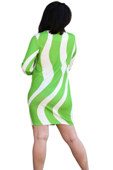 Lime Green and White Wavy Lines Print Dress