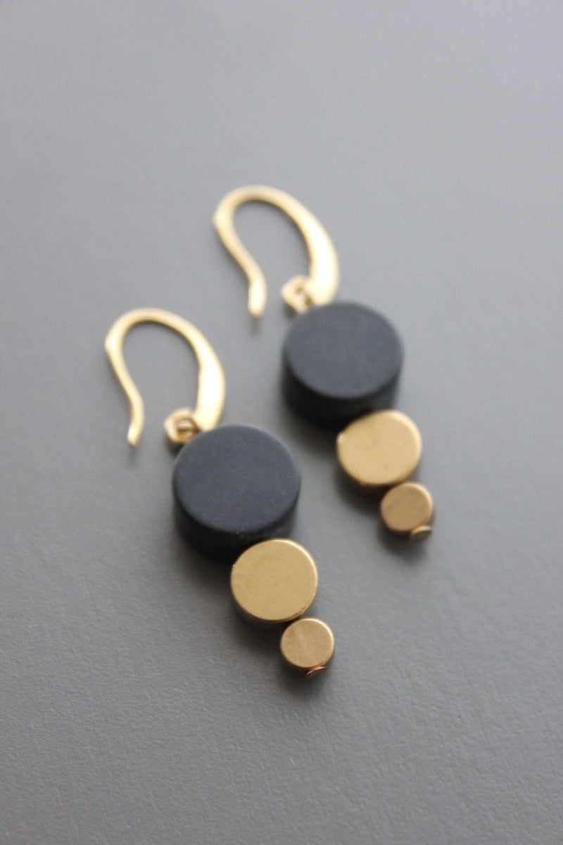 Geometric Black Stone and Brass Earrings
