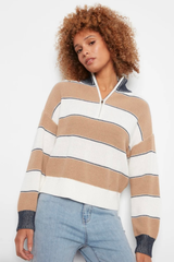 Long Sleeve Drop Shoulder Zipped Mock Neck Striped Sweater