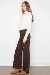 Wide Leg Colored Twill Pants With All Over Front Embroidery
