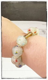 Recycled Glass Bead Stretch Bracelet w/ Wood Tube : Rainbow: 7”