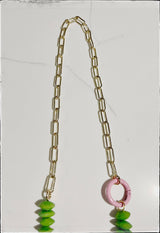 Paperclip Chain Necklace African Bone Bead Carabiner Green