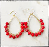 Teardrop Hoop Gemstone Bead Dangle Earrings Coral Bamboo Red