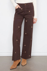 Wide Leg Colored Twill Pants With All Over Front Embroidery