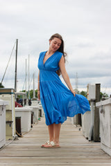 Cobalt Blue Cotton V-Neck Midi Dress