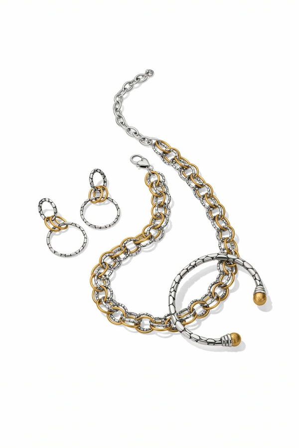 Pebble Link Two Tone Post Drop Earring