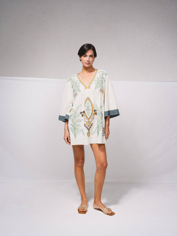 Natural Short Dress with Contrast Embroidery