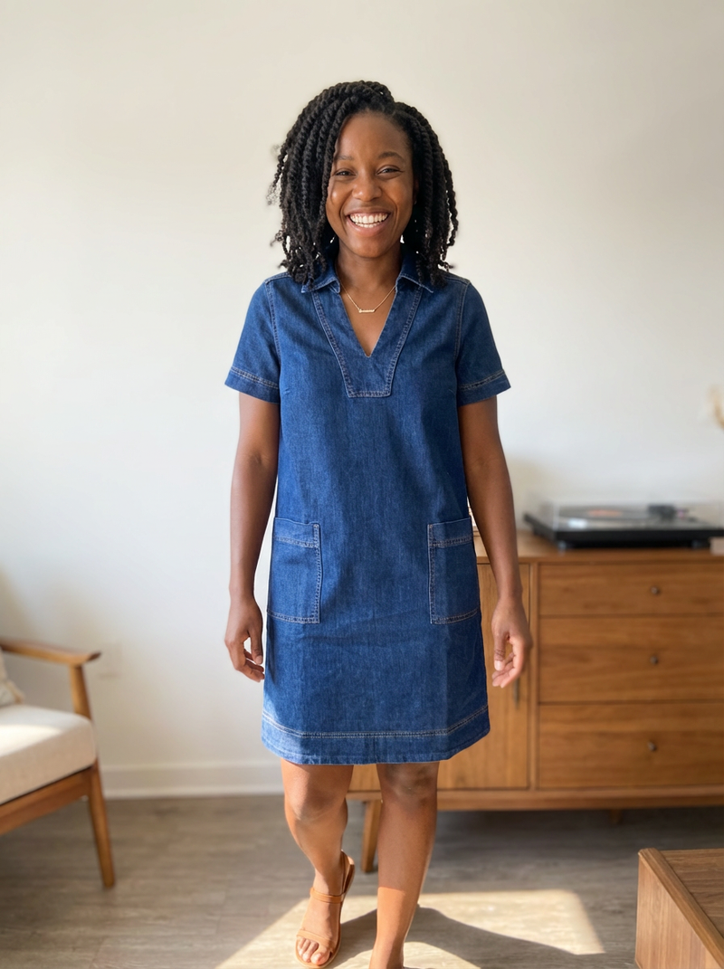 short sleeve jean dress Short Sleeve Denim Dress XS / Denim / 90% Cotton 9% Polyester 1% Spandex