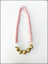 Brass Round Bead Midi Necklace Wood & Recycled Glass Pink