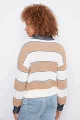 Long Sleeve Drop Shoulder Zipped Mock Neck Striped Sweater