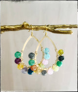 Teardrop Hoop Gemstone Bead Dangle Earrings Agate Multicolor