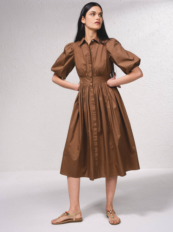 Brown Midi dress with button closure at front