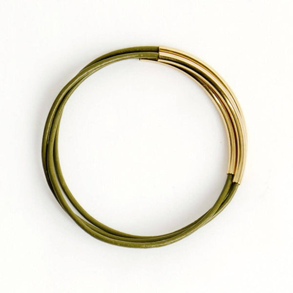 Leather and Metal Bar Bangles: Olive