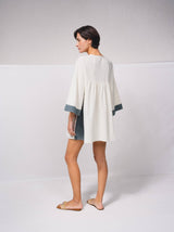 Natural Short Dress with Contrast Embroidery