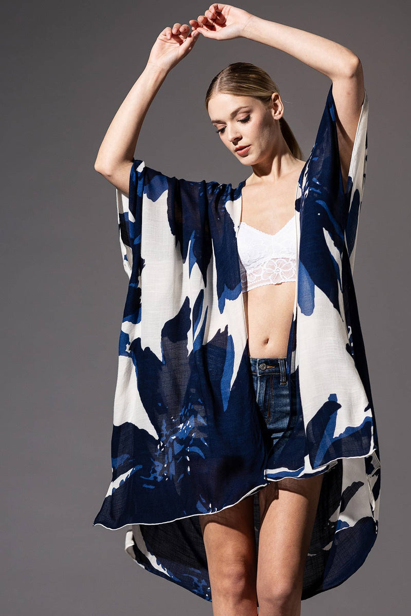 Sweeping Floral Kimono: Navy