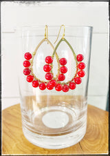 Teardrop Hoop Gemstone Bead Dangle Earrings Coral Bamboo Red