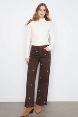 Wide Leg Colored Twill Pants With All Over Front Embroidery