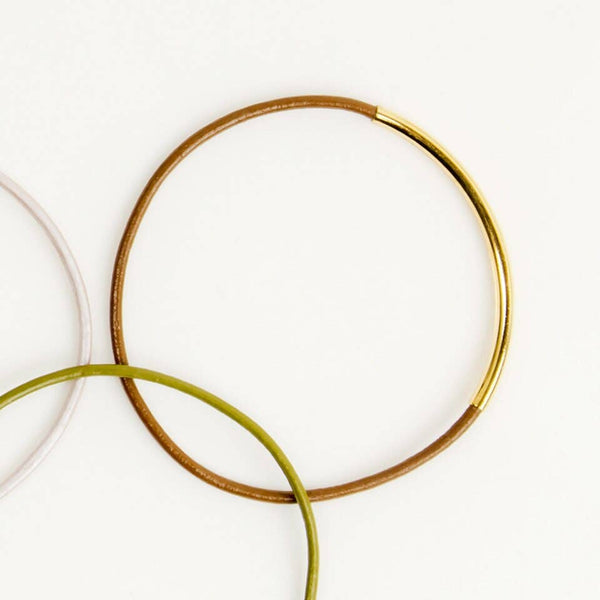 Leather and Metal Bar Bangles: Light Brown