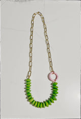Paperclip Chain Necklace African Bone Bead Carabiner Green
