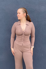 Mocha Long Sleeve Ribbed Button Front Top
