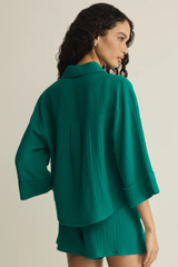 Helena Rainforest Airy Gauze Button Up Top